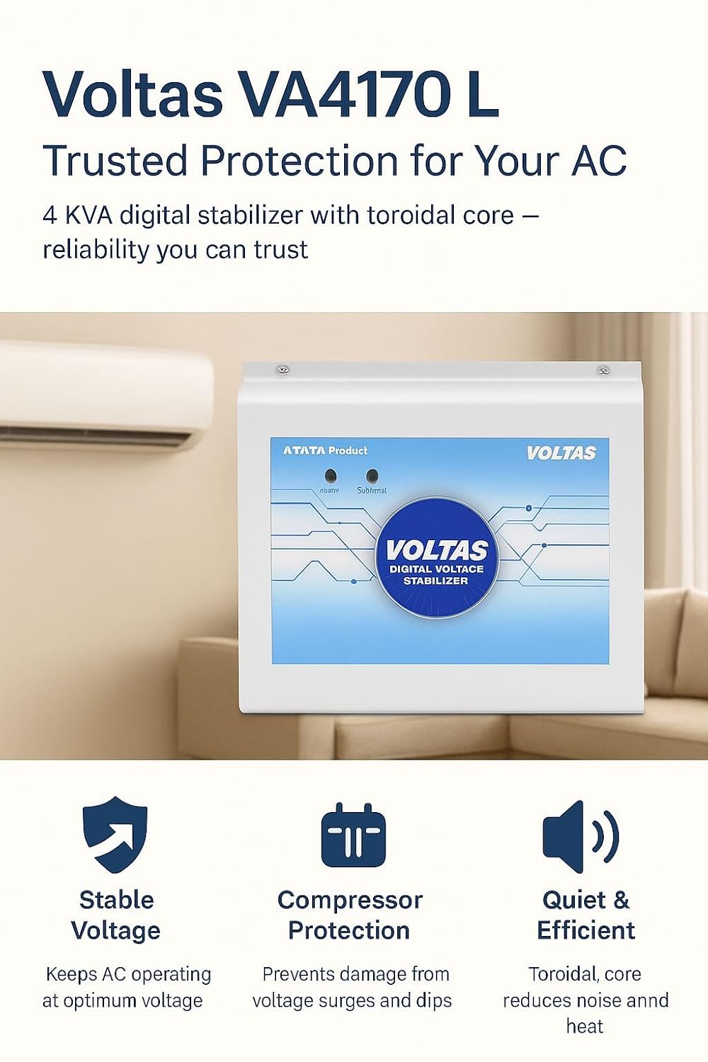 Voltas 4KVA Voltage Stabilizer VA4170 LW - Optimized For 1 Ton Or 1.5 Ton AC Units, 170V-270V Range, Blue