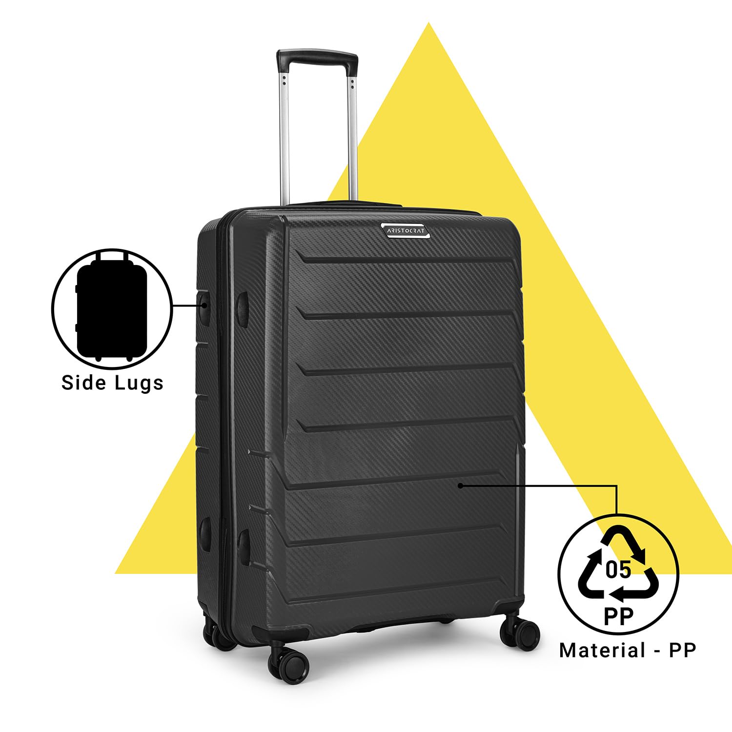 Aristocrat Polycarbonate(PC) Chroma Check-in 75 Cm(Large) 8 Wheels Double Spinner Trolley Bags for Travel Hard Case Luggage, Lightweight Bag, Suitcase with Combination Lock (Black)