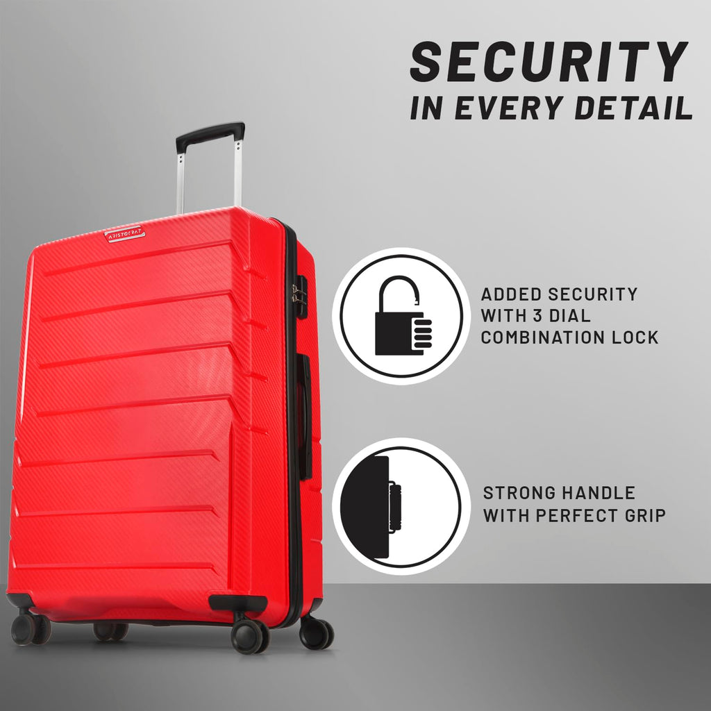 Aristocrat Polypropylene (Pp) Chroma Large 75 Cm Hardsided,8 Wheel Spinner,Fixed Combination Lock, Spacious 8 Spinner Wheels Trolley Bag for Men & Women - Red