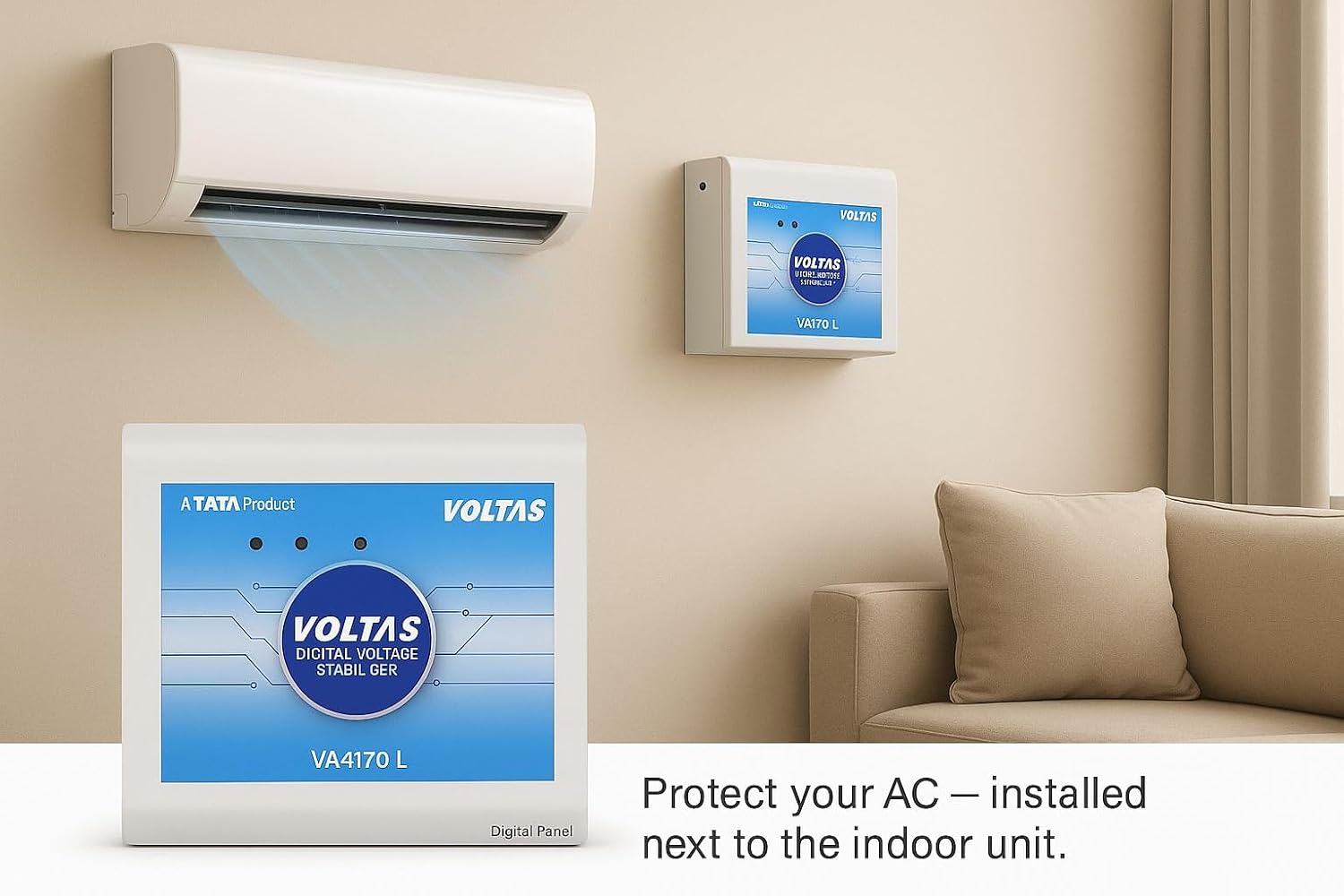 Voltas 4KVA Voltage Stabilizer VA4170 LW - Optimized For 1 Ton Or 1.5 Ton AC Units, 170V-270V Range, Blue