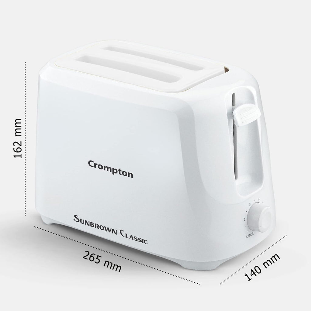 Crompton SunBrown Classic Pop-up Toaster 700W with Removable Crumb Tray | 6 Browning Levels with Cancel Function | Dust Cover Plate | White Cool Touch Body