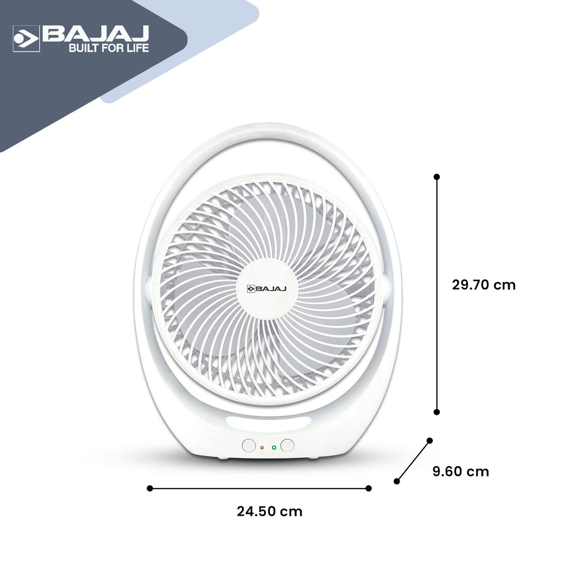 Bajaj Pygmy Go 178MM Mini with LED Lighting | Rechargeable | USB Charging | 4-hours Battery Backup | 3 Fan Speed | 2-Light Brightness Setting | High Speed Table & Portable 【White】