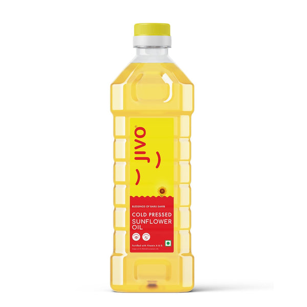 Jivo Cold Pressed Sunflower Oil 1 Litre | High in Polyunsaturated Fats | Vitamin A and D Fortified | Cholesterol Free Edible Oil | Ideal for Roasting, Frying, Baking, and All Types of Cuisines