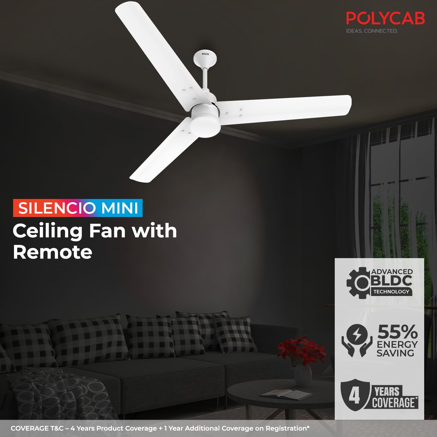 Polycab Silencio Mini 1200mm 5-Star BLDC, Remote Ceiling fan for home | 55% Energy Saving, 100% Copper, High Speed, 25 Speed Setting, Reversable & Timer | 4-yr Warranty【Matt White】