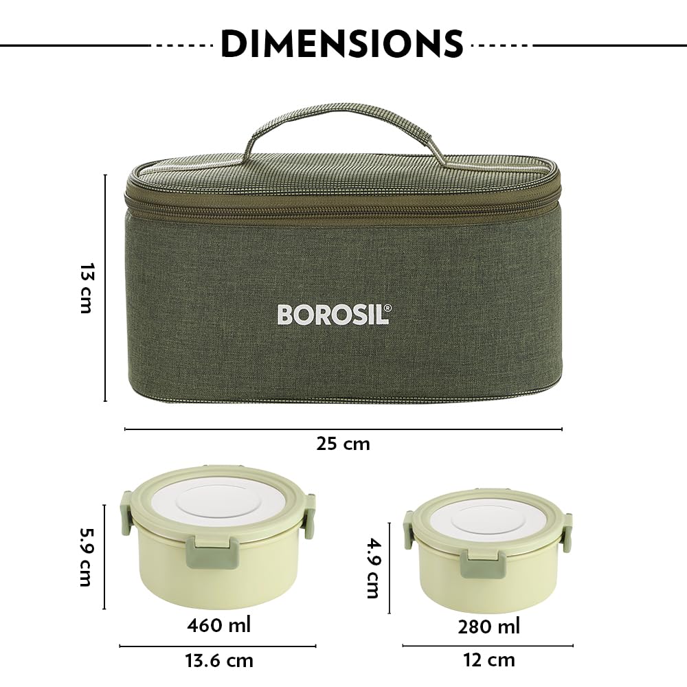 Borosil 4pc (280ml + 460ml) Glory Green Stainless Steel Lunch Box with Bag