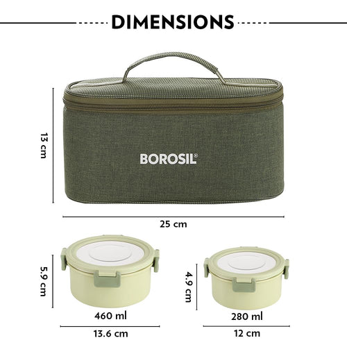 Borosil 4pc (280ml + 460ml) Glory Green Stainless Steel Lunch Box with Bag