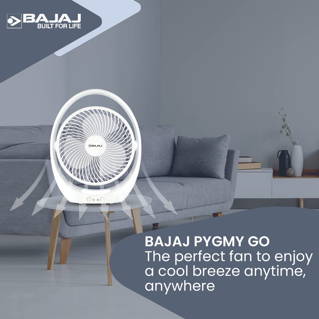 Bajaj Pygmy Go 178MM Mini with LED Lighting | Rechargeable | USB Charging | 4-hours Battery Backup | 3 Fan Speed | 2-Light Brightness Setting | High Speed Table & Portable 【White】