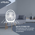 Bajaj Pygmy Go 178MM Mini with LED Lighting | Rechargeable | USB Charging | 4-hours Battery Backup | 3 Fan Speed | 2-Light Brightness Setting | High Speed Table & Portable 【White】