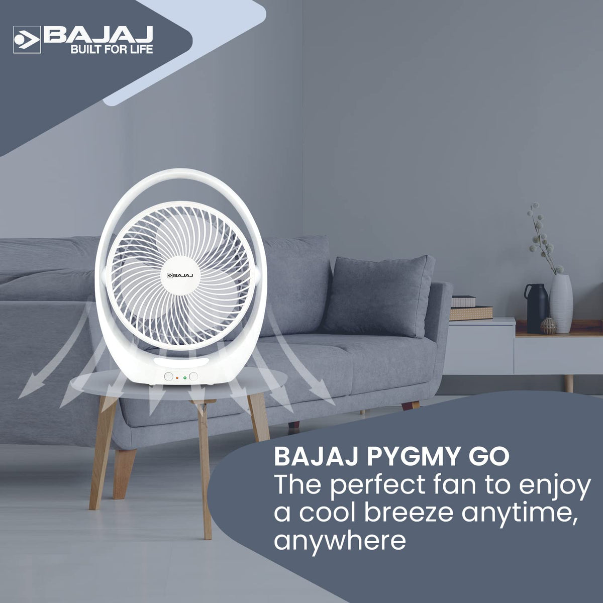 Bajaj Pygmy Go 178MM Mini with LED Lighting | Rechargeable | USB Charging | 4-hours Battery Backup | 3 Fan Speed | 2-Light Brightness Setting | High Speed Table & Portable 【White】