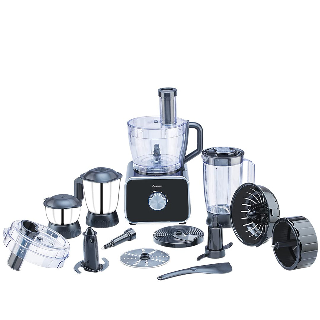 Bajaj FX-1000 Dlx 1000 Watts Food Processor And Mixer Grinder With 9 Attachments | 100% Copper Motor | Processing Bowl With 3 Jars | Safety Interlock |【Black】