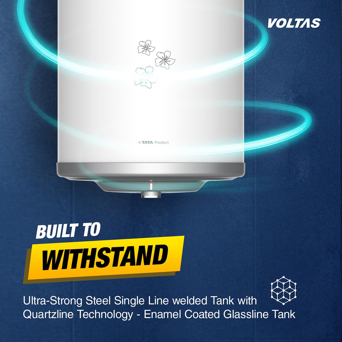 Voltas Aqua Prime 15L, 4 Star Vertical Mounting 2000W Water Heater, with Quartzline Technology (Glassline Tank), Warranty: 2 year on product, 3 year on element, 7 year on tank