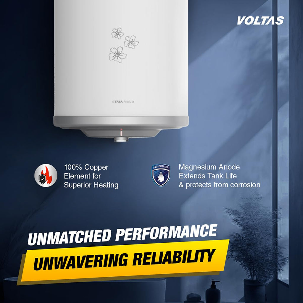 Voltas Aqua Prime 15L, 4 Star Vertical Mounting 2000W Water Heater, with Quartzline Technology (Glassline Tank), Warranty: 2 year on product, 3 year on element, 7 year on tank