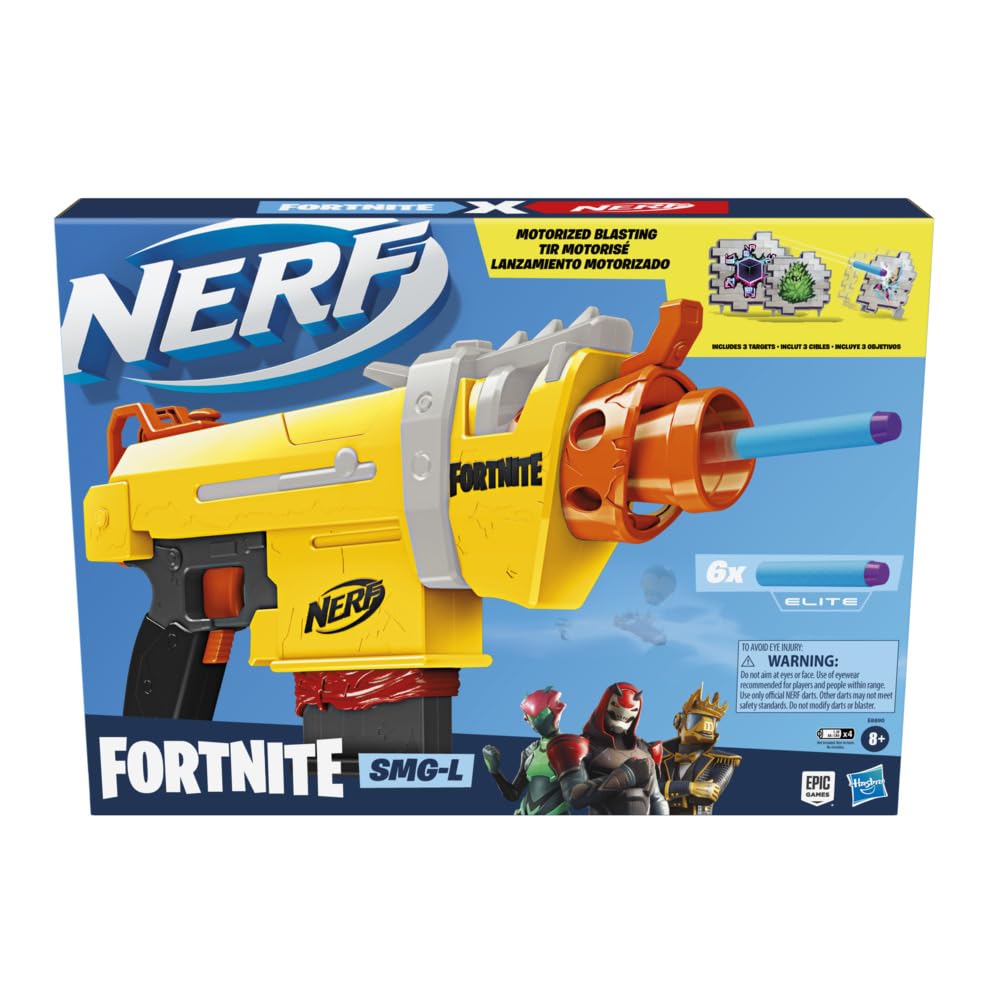 Nerf Fortnite SMG-L Motorized Dart Blaster - Includes 3 Targets - Comes with 6-Dart Clip and 6 Official Nerf Elite Darts