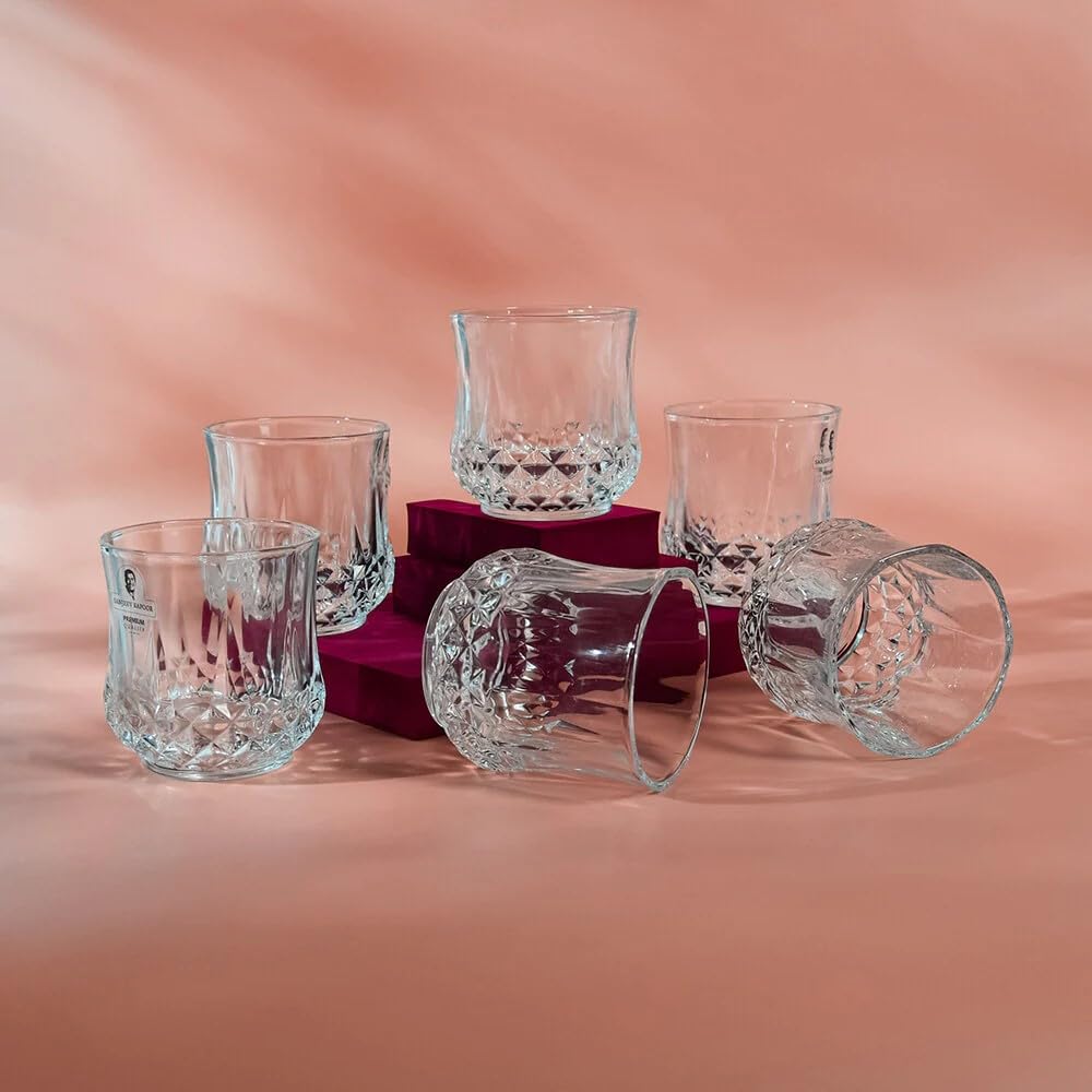 Sanjeev Kapoor Diamond Whisky Glass Set of 6 Psc, 330 ml, Bar Glass for Drinking Bourbon, Whisky, Scotch, Cocktails, Cognac- Old Fashioned Cocktail Tumblers, Perfect for Home, Restaurants & Parties.