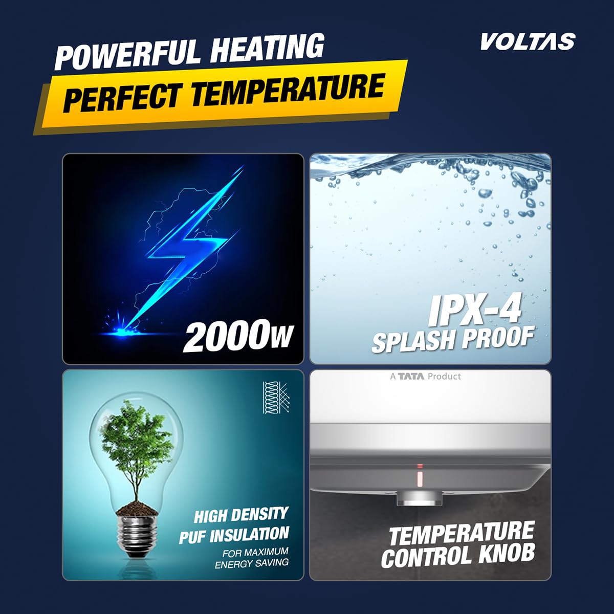 Voltas Aqua Prime 15L, 4 Star Vertical Mounting 2000W Water Heater, with Quartzline Technology (Glassline Tank), Warranty: 2 year on product, 3 year on element, 7 year on tank