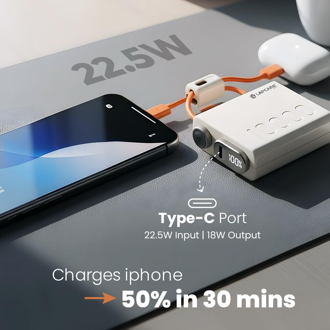 Lapcare Royale 10000mAh Pocket Power Bank | Dual in-Built Cables (Type-C & Lightning) | Dual Type-C Port & 22.5W Fast Charging | Smart LED Display | Compact Size | Made in India