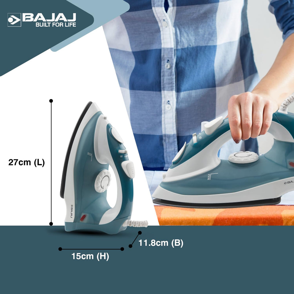 Bajaj MX 3 Neo Steam Iron | 1250 Watts Power For Faster Ironing | Vertical & Horizontal Ironing | Spray Function | Anti-Bacterial & Non-Stick Soleplate Coating 【Blue】