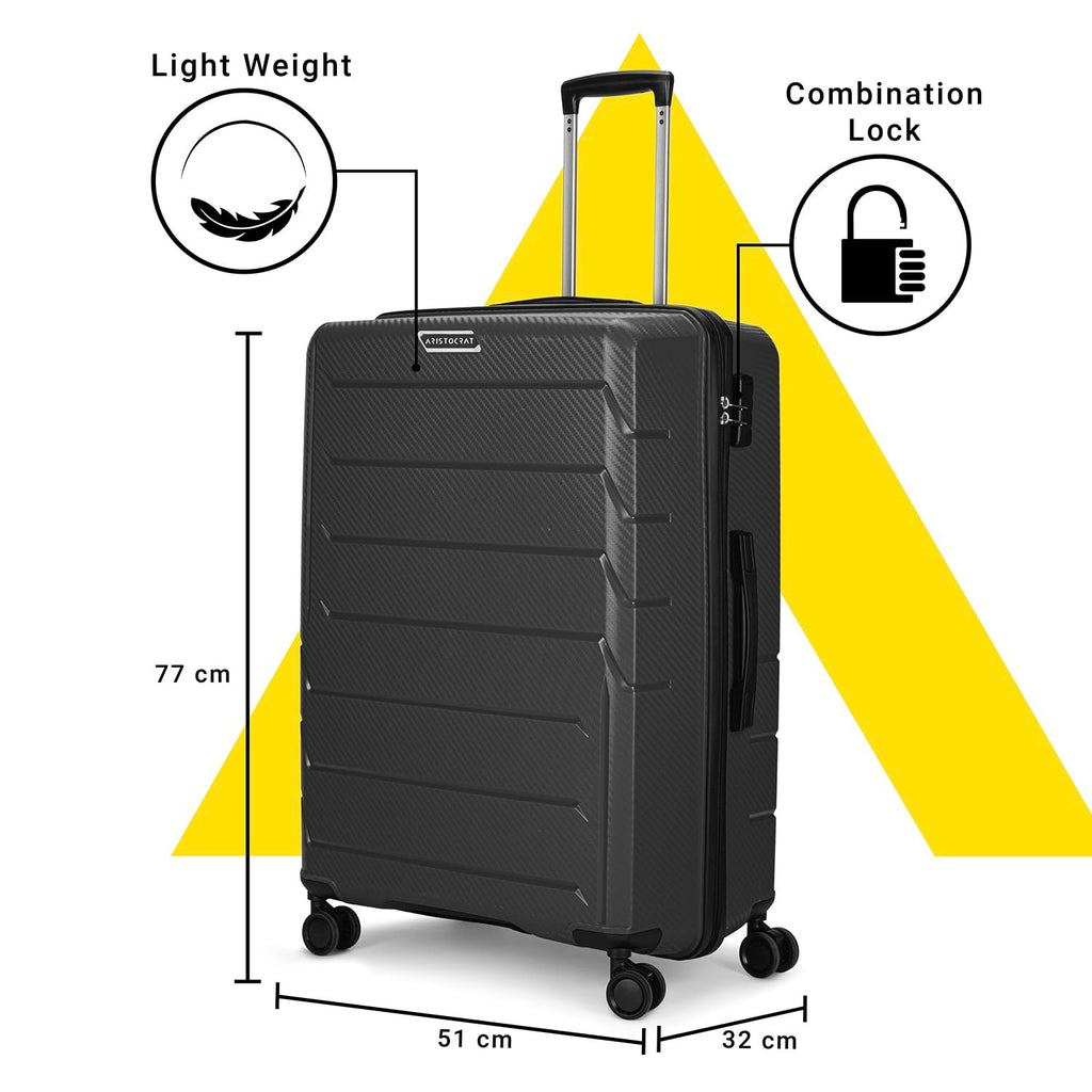 Aristocrat Polycarbonate(PC) Chroma Check-in 75 Cm(Large) 8 Wheels Double Spinner Trolley Bags for Travel Hard Case Luggage, Lightweight Bag, Suitcase with Combination Lock (Black)