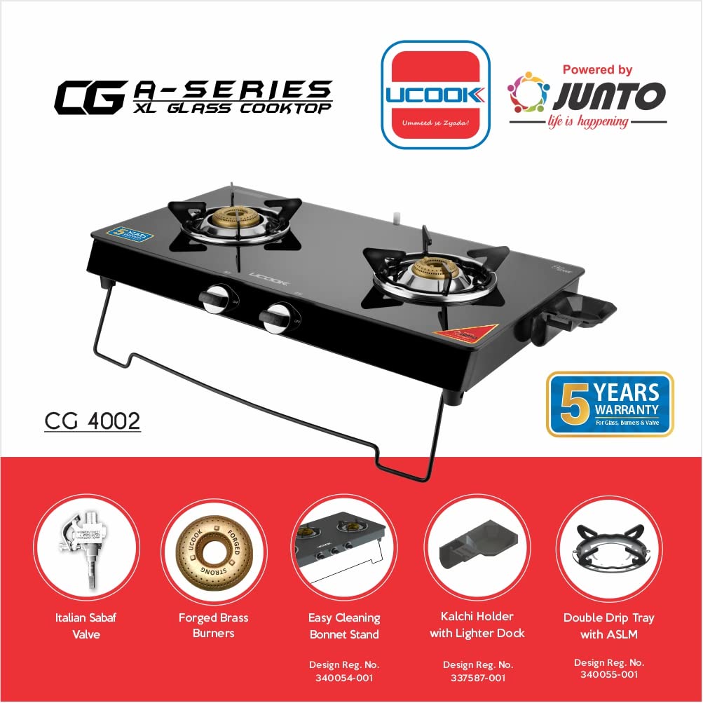 UCOOK JUNTO By United Ekta Engg. A Series XL Gas Stove With Glass Cooktop (2 Burners)