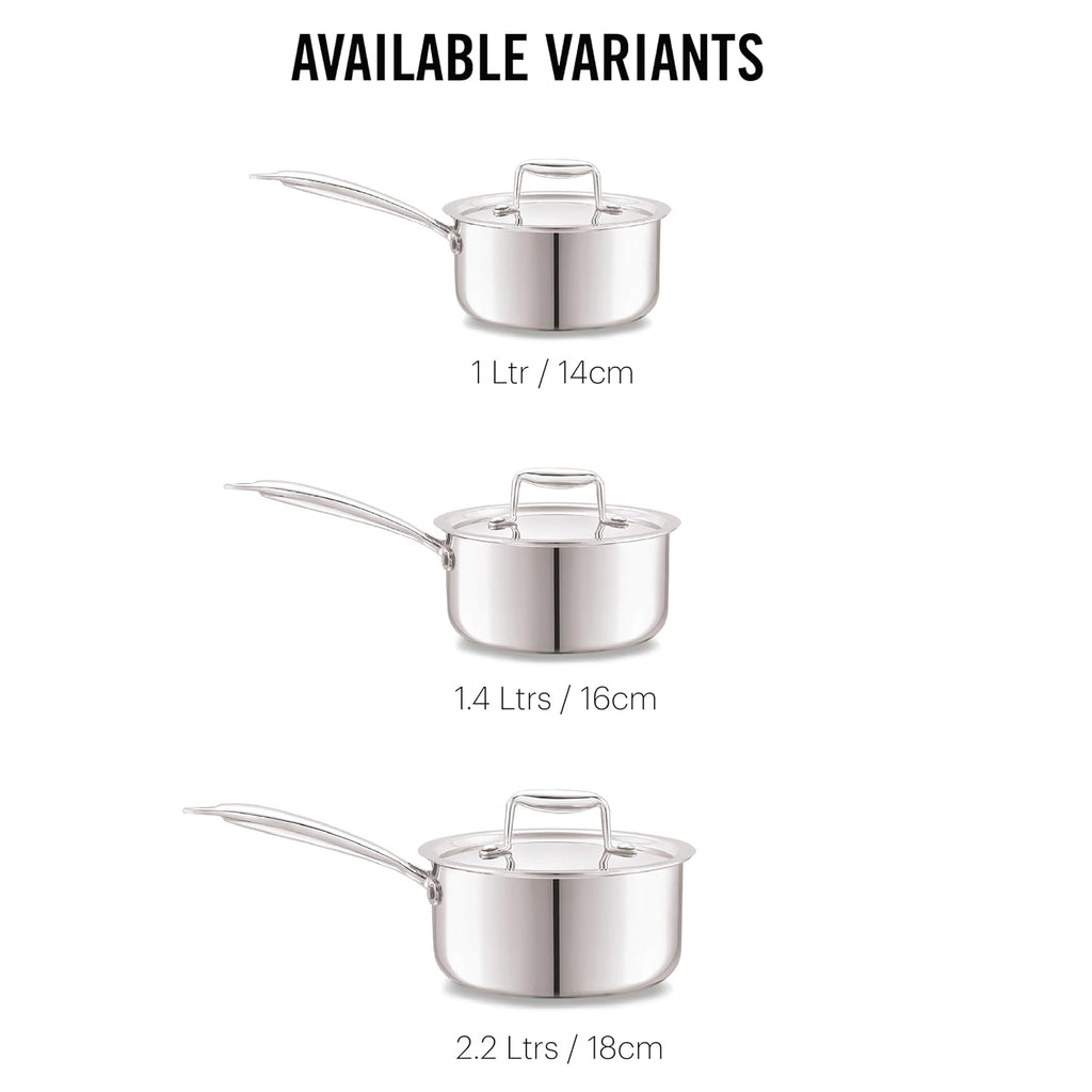 Cello Tri-Ply 14 cm Stainless Steel Cookware Sauce Pan with Lid 1 LTR | Tri-Ply Bottom Sauce Pan with SS Lid | Induction and Gas Stove Friendly | Dishwasher Safe | Silver