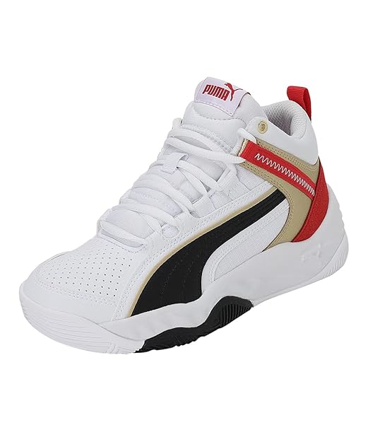 Puma Unisex-Kid Rebound Future Evo Jr White-Black-High Risk Red-Team Gold Sneaker UK-3.5 (38558303)