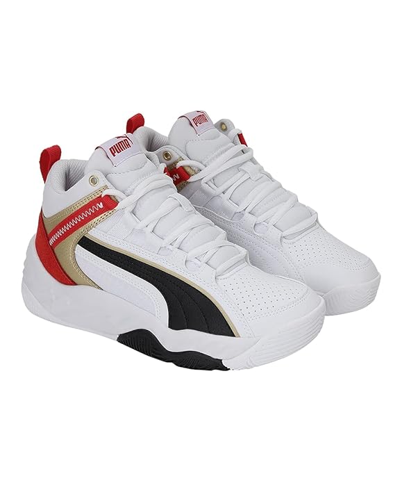 Puma Unisex-Kid Rebound Future Evo Jr White-Black-High Risk Red-Team Gold Sneaker UK-3.5 (38558303)