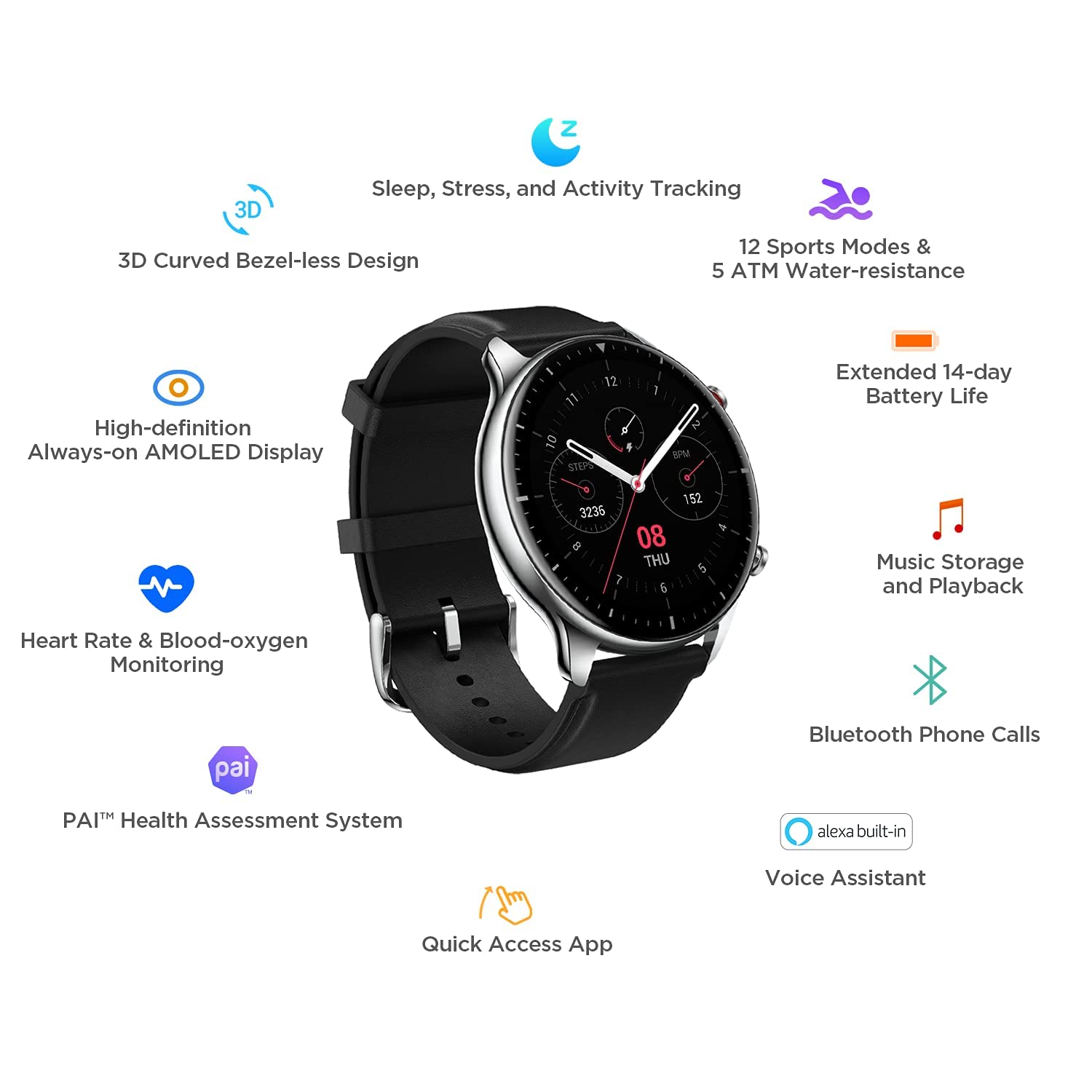 Amazfit GTR Smart Watch Bluetooth Call, with Alexa GPS Waterproof, C