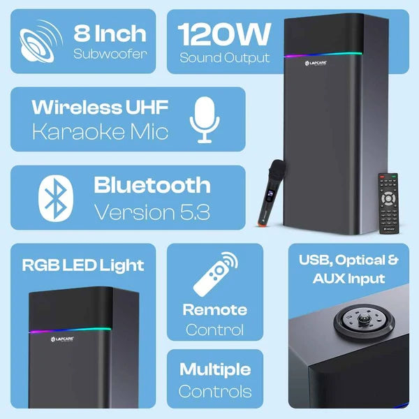 Lapcare Beast Pro 120W Immersive Audio | Bluetooth v5.3 | 8-inch Subwoofer |  RGB Lights | Multiple Connectivity