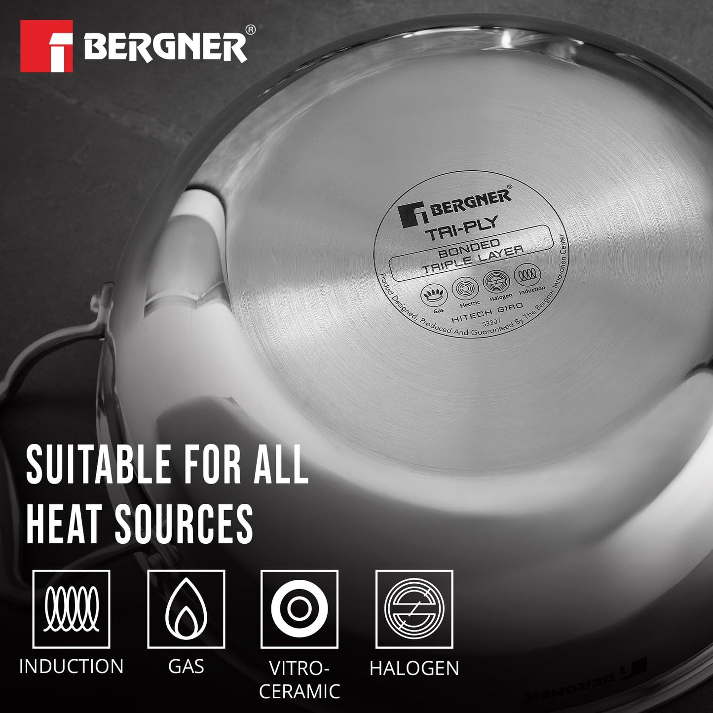 Bergner Hi-Tech TriPly Stainless Steel 26cm (3.9L) Kadai with Glass Lid, Honeycomb Non-Stick Coating, Non-Toxic, Healthy Cooking, Less Oil Use, Durable Handle, Excellent Grip - Induction and Gas Ready
