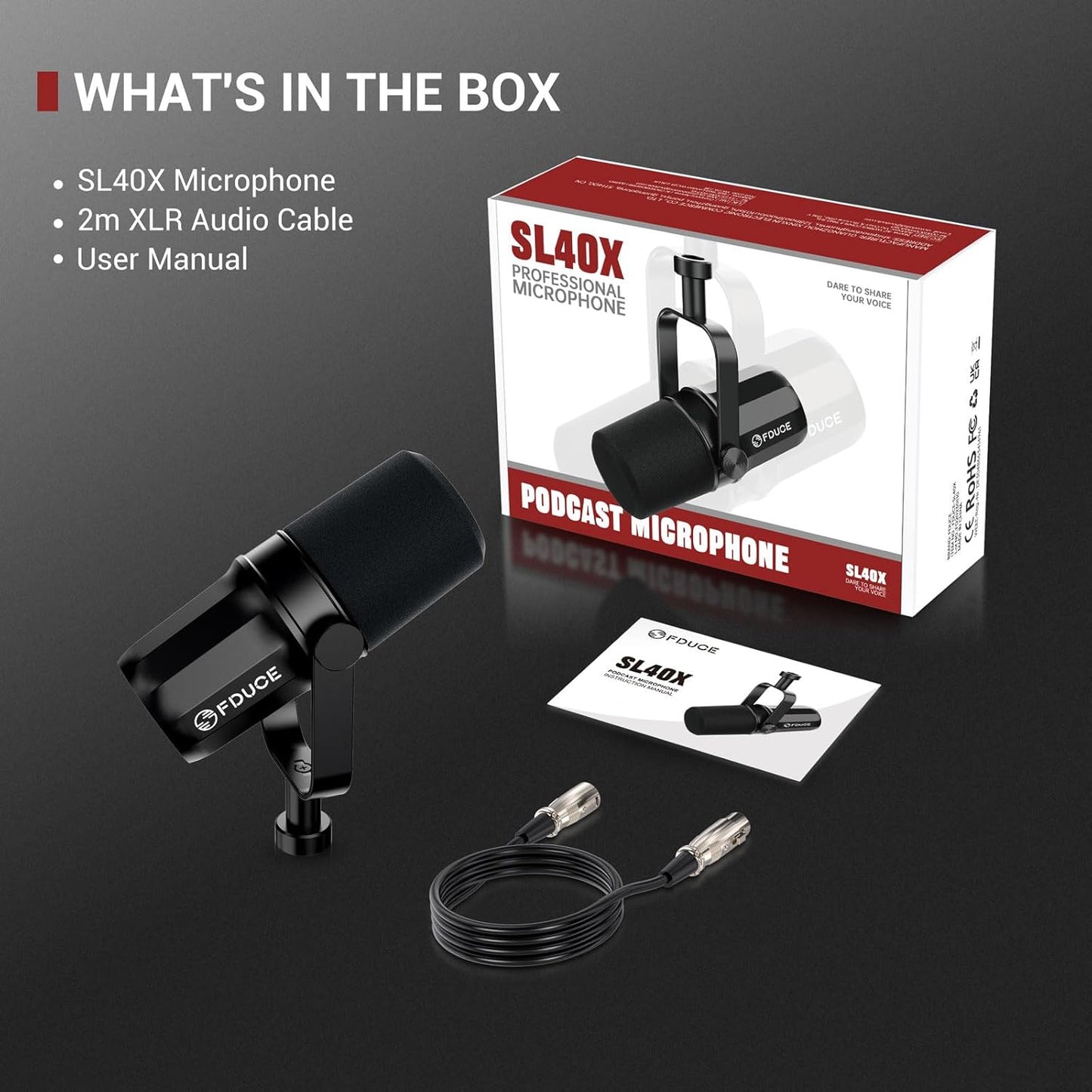 FDUCE SL40X XLR Dynamic Microphone for Vocal Recording, Podcasting, Gaming, Live Streaming & Broadcasting, All Metal Cardioid Mic, Voice-Isolating Technology -Black