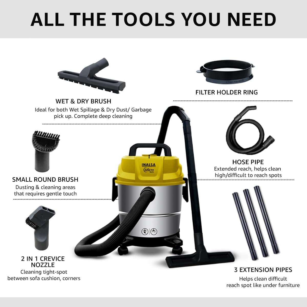 INALSA Wet and Dry Vacuum Cleaner for Home, 15 LTR Capacity,1400 W, 20 kPa Suction, Blower Function,HEPA Filter, Wet Vacuum Cleaner for Sofa, House Cleaning Machine,Stainless Steel Body (WD 15)