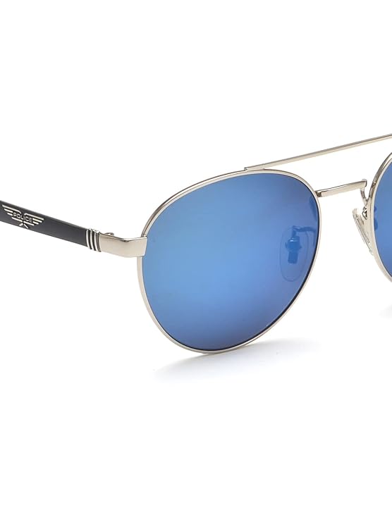 Police sunglasses| 100% UV protected | Gradient | Full Rim | Round | Men | Large | Shiny Silver Alloy Metal Frame | Blue Mirror (SPL891)