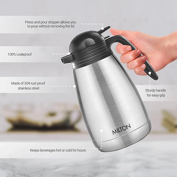 MILTON CARAFE 1500 STAINLESS STEEL DOUBLE WALLED VACUUM INSULATED FLASK WITH LID AND HANDLE 1500 ML SILVER COFFEETEA CARAFE HEAT & COLD RETENTION