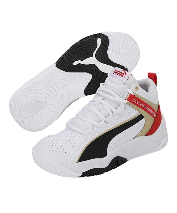 Puma Unisex-Kid Rebound Future Evo Jr White-Black-High Risk Red-Team Gold Sneaker UK-3.5 (38558303)