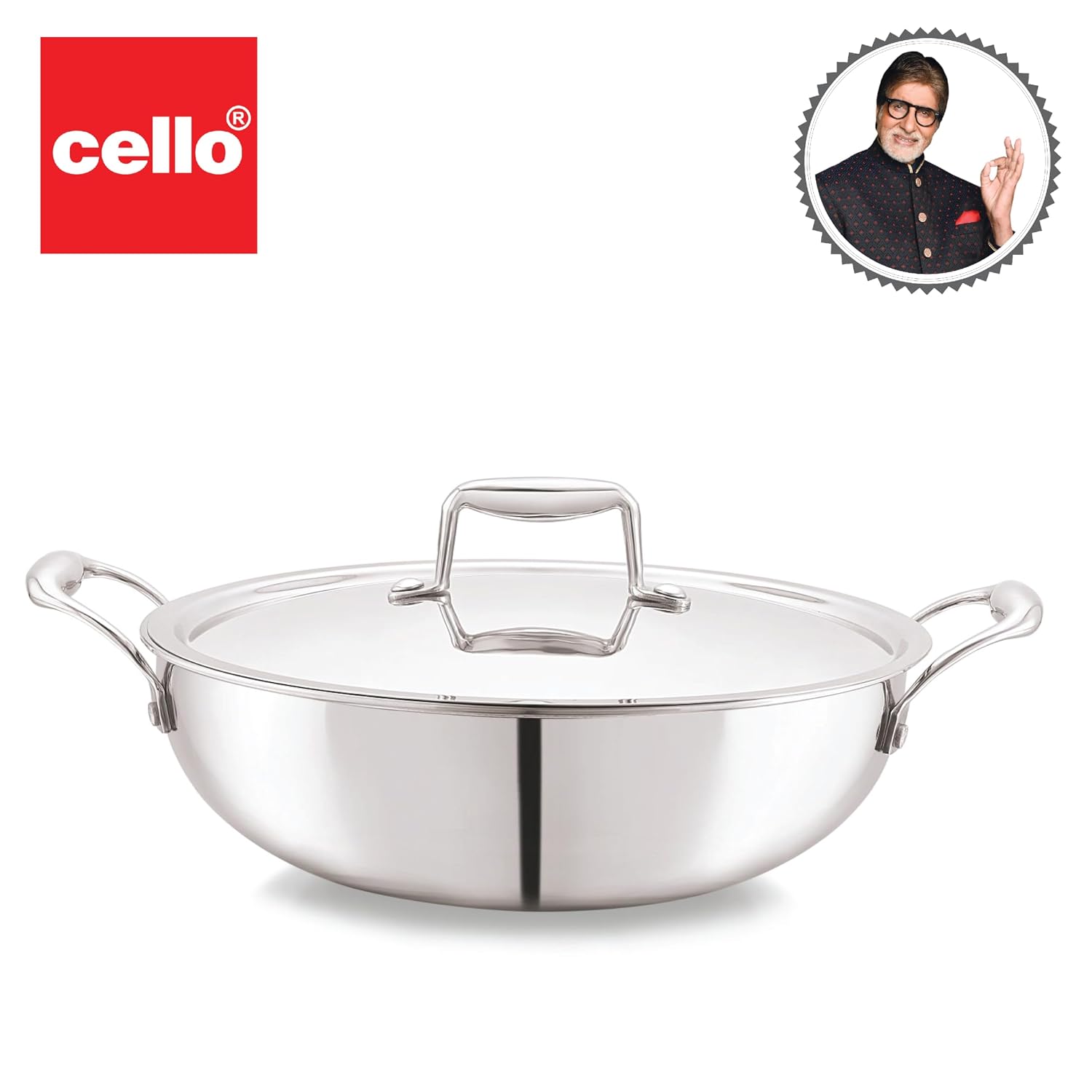 CELLO Tri-Ply 22 cm Stainless Steel Cookware Kadhai with Lid 2.2 LTR | Tri-Ply Bottom Kadhai with SS Lid | Induction and Gas Stove Friendly | Dishwasher Safe | Silver