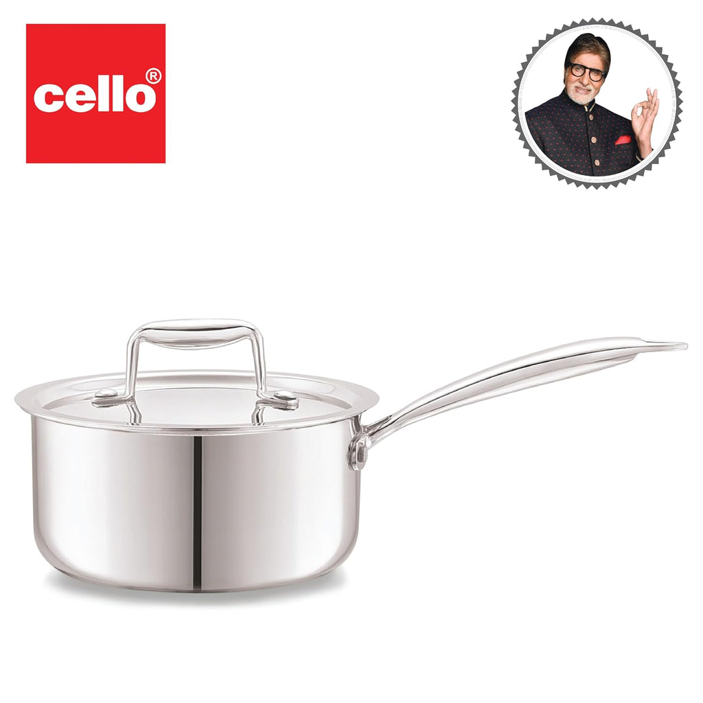 Cello Tri-Ply 14 cm Stainless Steel Cookware Sauce Pan with Lid 1 LTR | Tri-Ply Bottom Sauce Pan with SS Lid | Induction and Gas Stove Friendly | Dishwasher Safe | Silver