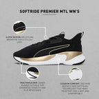 Puma Womens Softride Premier Mtl WN's Black-Team Gold Walking Shoe - 3UK