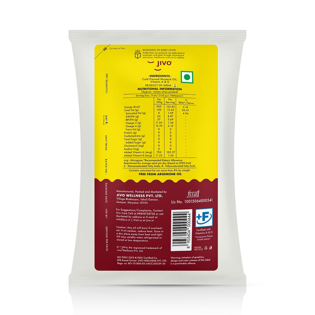 Jivo Cold Pressed Kachi Ghani Mustard Oil 1 Ltitre Pouch | High in Monounsaturated Fats (MUFA) | Vitamin A and D Fortified Oil | Cholesterol and Trans Fat Free | Ideal for Frying, Roasting, Tempering, and Pickling