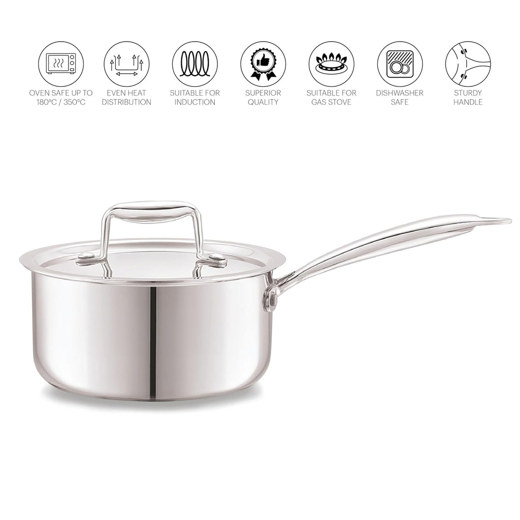 Cello Tri-Ply 14 cm Stainless Steel Cookware Sauce Pan with Lid 1 LTR | Tri-Ply Bottom Sauce Pan with SS Lid | Induction and Gas Stove Friendly | Dishwasher Safe | Silver