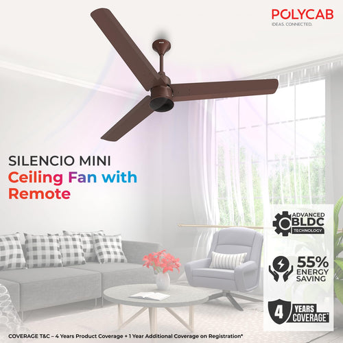 Polycab Silencio Mini 1200mm 5-Star BLDC,Remote Ceiling fan for home|55% Energy Saving, 100% Copper, High Speed, 25 Speed Setting, Reversable & Timer | 4-yr Warranty【Espresso Brown】