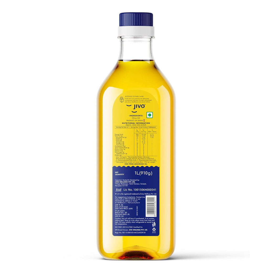 Jivo Extra Light Olive Oil 1 Litre | Imported from Spain | Versatile Olive Oil for Indian Cooking| High in MUFA with Balanced Omega-3 & 6 | Zero Trans Fat & Cholesterol | Light Oil for Marinating, Mild- and High-Heat Cooking