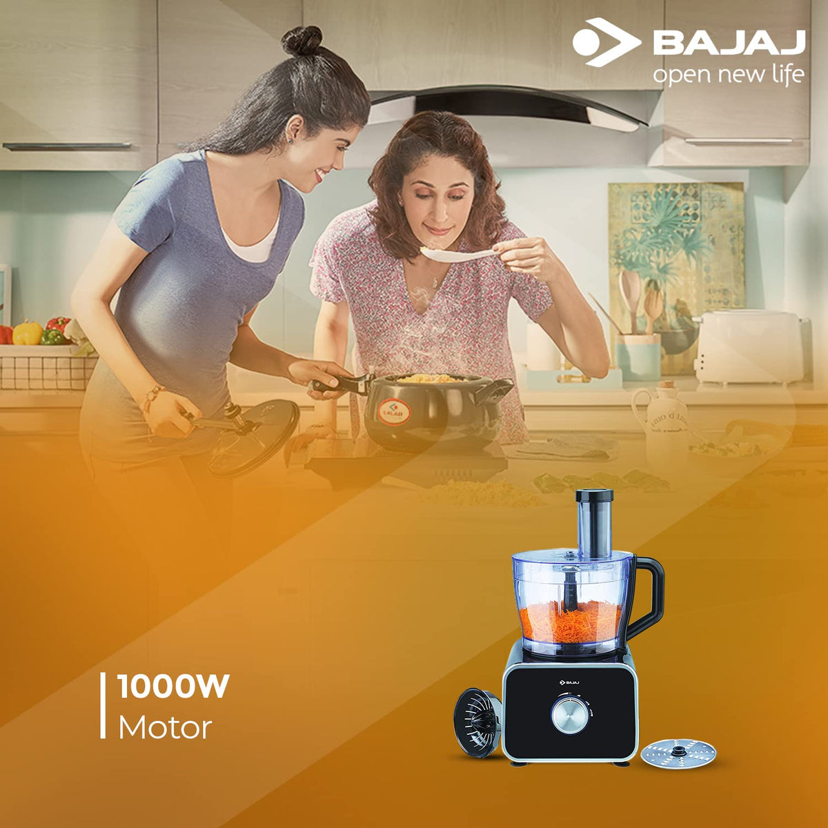 Bajaj FX-1000 Dlx 1000 Watts Food Processor And Mixer Grinder With 9 Attachments | 100% Copper Motor | Processing Bowl With 3 Jars | Safety Interlock |【Black】