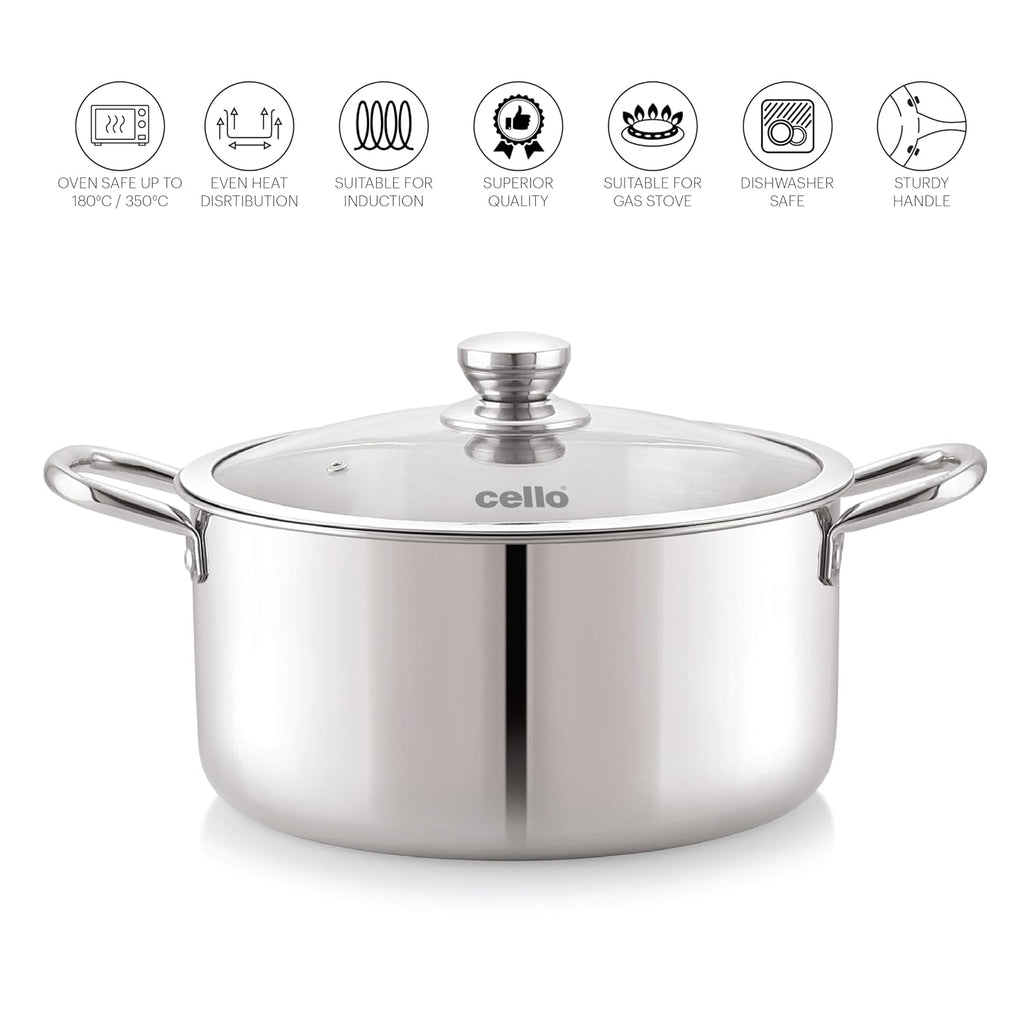 Cello Tri-Ply 20 cm Stainless Steel Cookware Casserole, 3 LTR | Tri-Ply Bottom Casserole with Glass Lid | Induction and Gas Stove Friendly | for Biryani/Pulao/Halwa/Curries | Silver