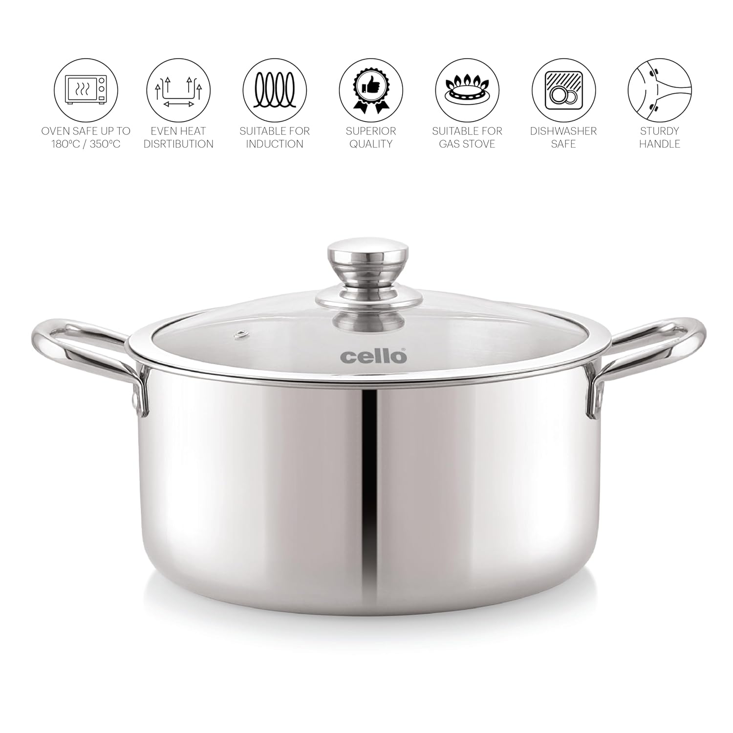 Cello Tri-Ply 20 cm Stainless Steel Cookware Casserole, 3 LTR | Tri-Ply Bottom Casserole with Glass Lid | Induction and Gas Stove Friendly | for Biryani/Pulao/Halwa/Curries | Silver