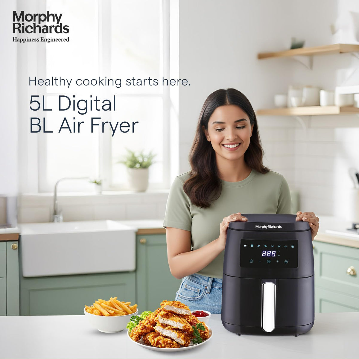 Morphy Richards Digital Air Fryer For Home|1500W With Digital Control|Dual Fan Technology|Adjustable Time & Temperature Control|Voltage Fluctuation Protection , Black, 5 liter