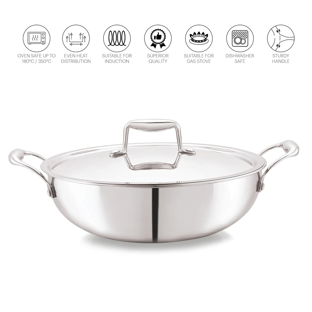 CELLO Tri-Ply 22 cm Stainless Steel Cookware Kadhai with Lid 2.2 LTR | Tri-Ply Bottom Kadhai with SS Lid | Induction and Gas Stove Friendly | Dishwasher Safe | Silver