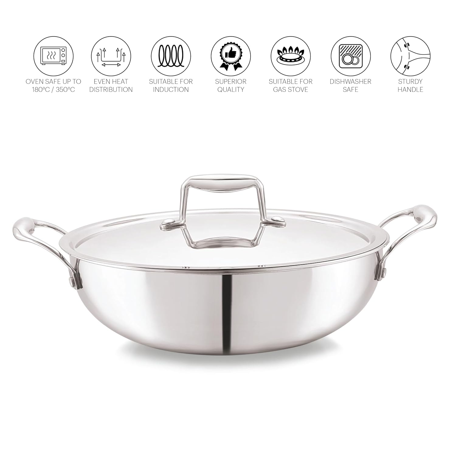 CELLO Tri-Ply 22 cm Stainless Steel Cookware Kadhai with Lid 2.2 LTR | Tri-Ply Bottom Kadhai with SS Lid | Induction and Gas Stove Friendly | Dishwasher Safe | Silver