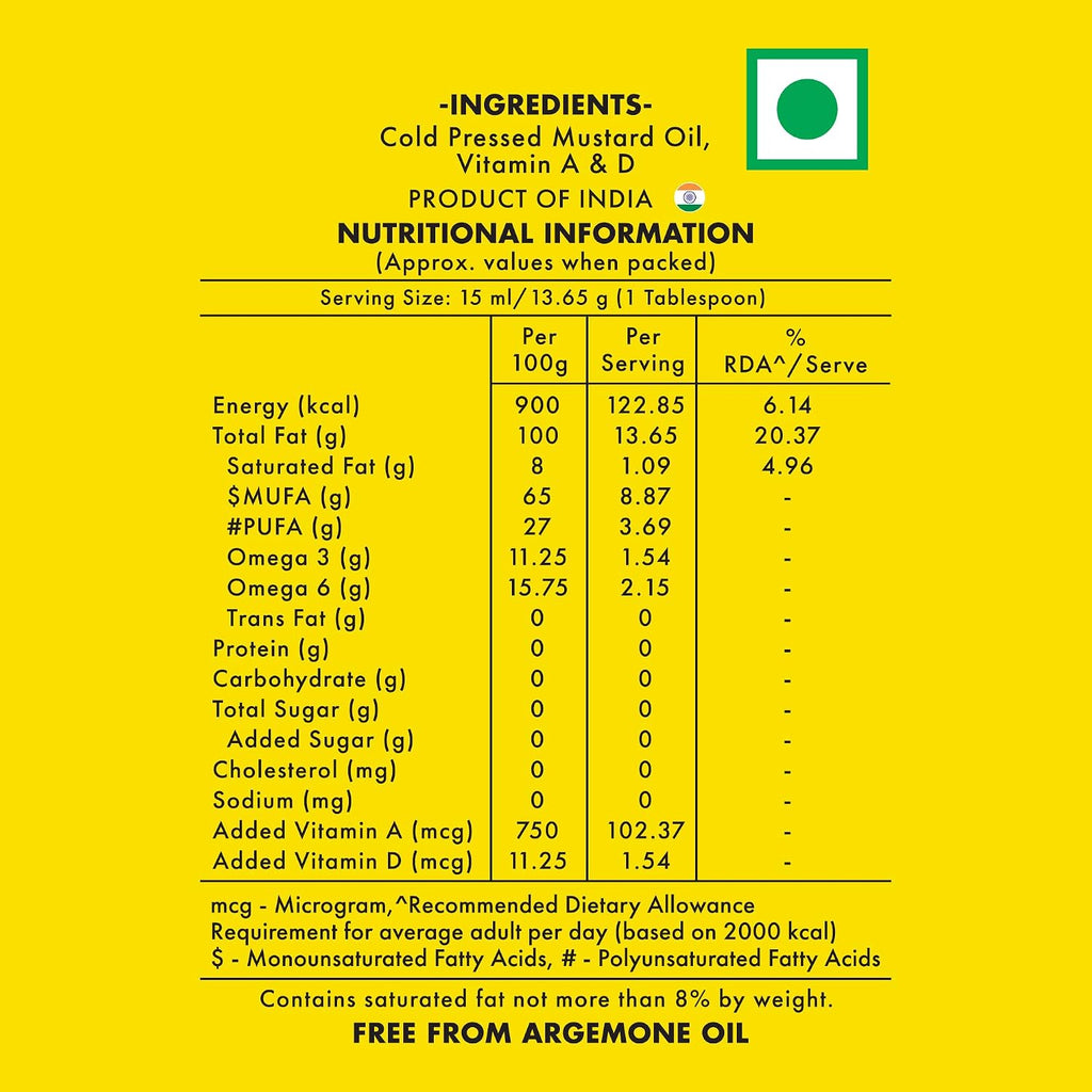 Jivo Cold Pressed Kachi Ghani Mustard Oil 1 Ltitre Pouch | High in Monounsaturated Fats (MUFA) | Vitamin A and D Fortified Oil | Cholesterol and Trans Fat Free | Ideal for Frying, Roasting, Tempering, and Pickling
