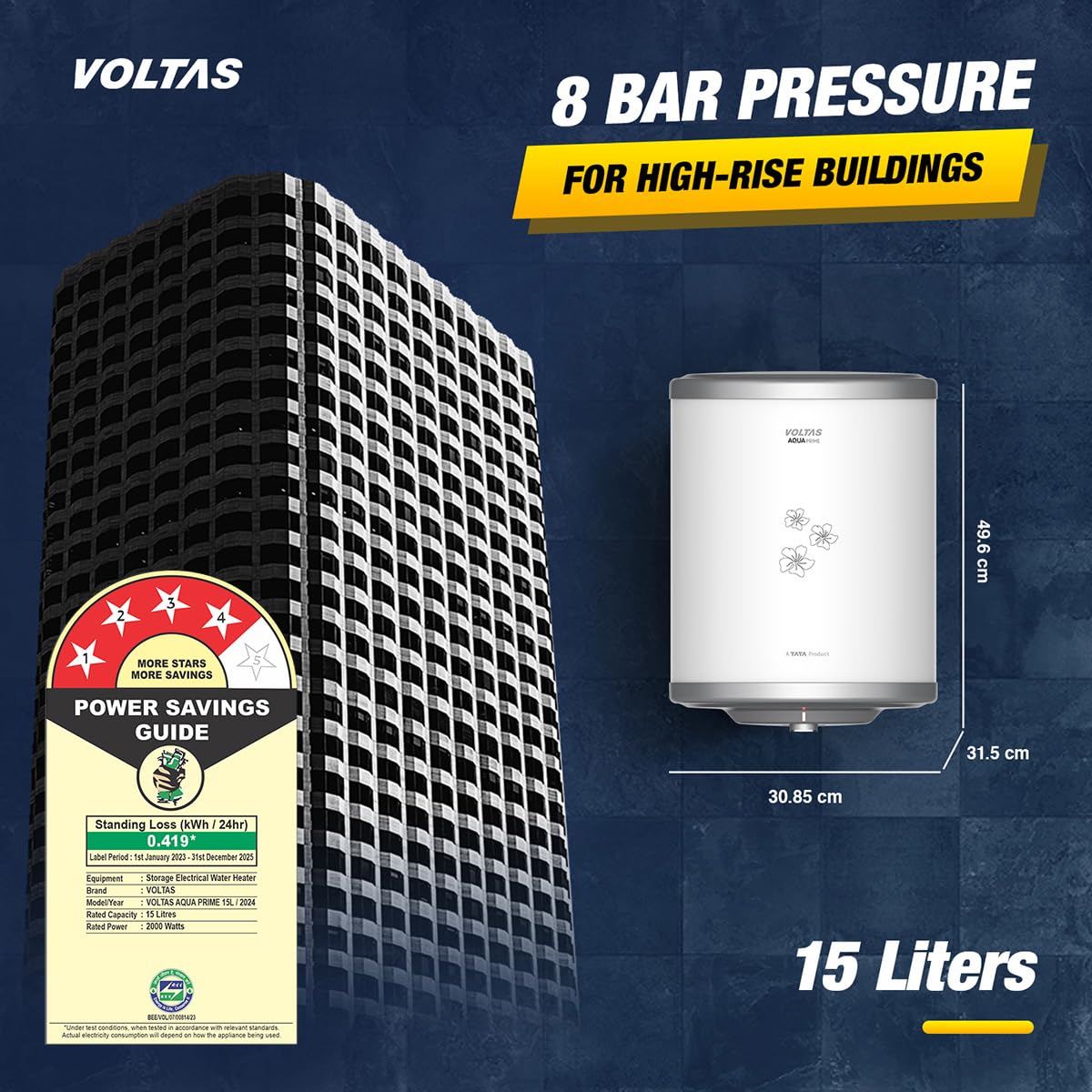 Voltas Aqua Prime 15L, 4 Star Vertical Mounting 2000W Water Heater, with Quartzline Technology (Glassline Tank), Warranty: 2 year on product, 3 year on element, 7 year on tank