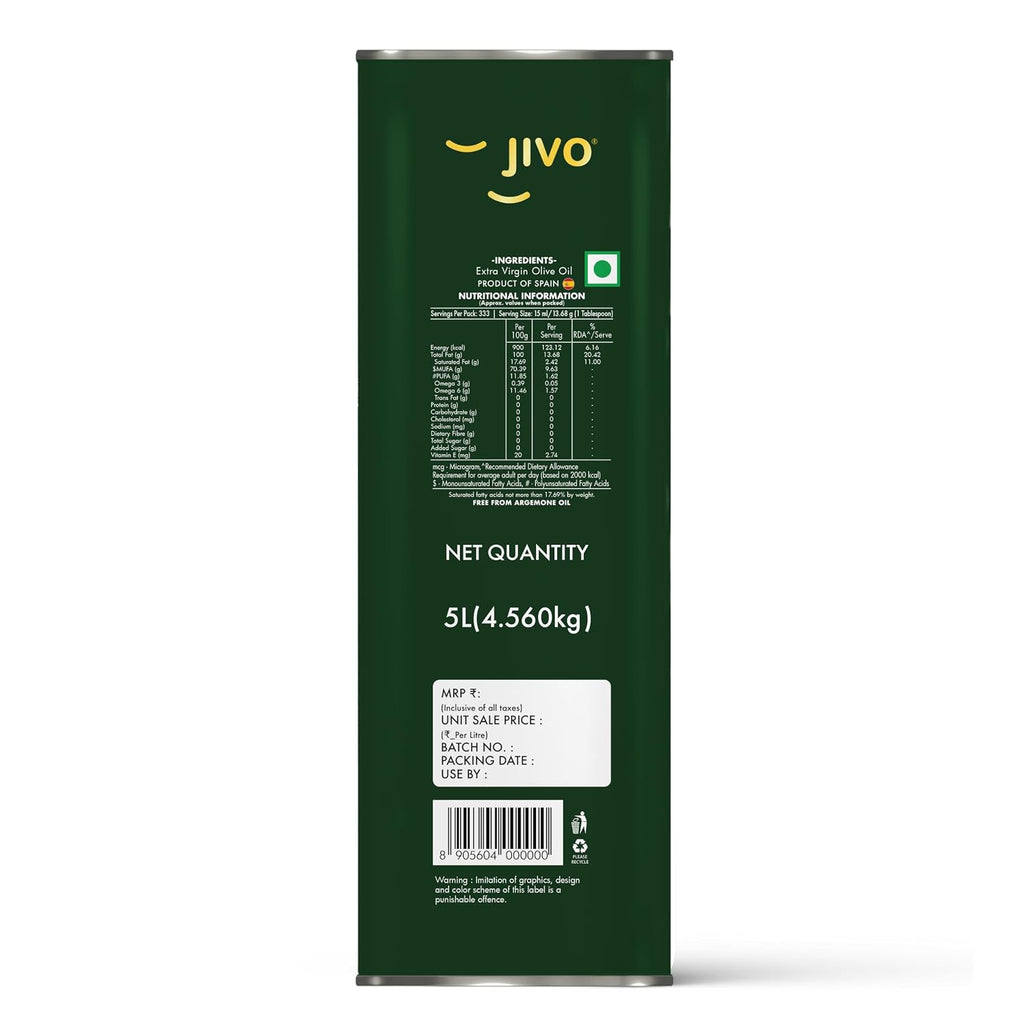 Jivo Extra Virgin Olive Oil 5 Litre | Imported from Spain | High in MUFA | Contain Vitamin E | Cholesterol-Free Oil | Ideal for Salads, Dressings, Soups, Dips & Marinades